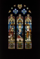 Ensemble de 3 verrières figurées (baies n°3, 4, 5) : l' Annonciation, l'Adoration des bergers et l'Assomption de la Vierge