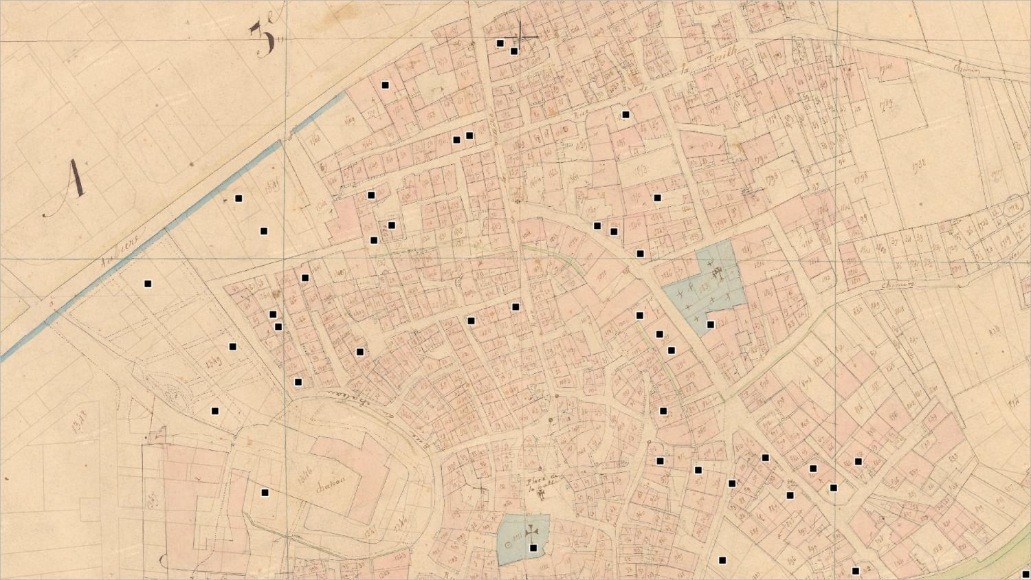 Commune d'Aubière (nord) : localisation des maisons vigneronnes (cadastre dit napoléonien, 1831, AD Puy-de-Dôme, 51 Fi 20)