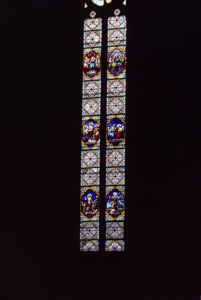 Verrière : scènes des vies du Christ et de la Vierge, de la Résurrection au Couronnement de la Vierge (baie 2), verrière figurée