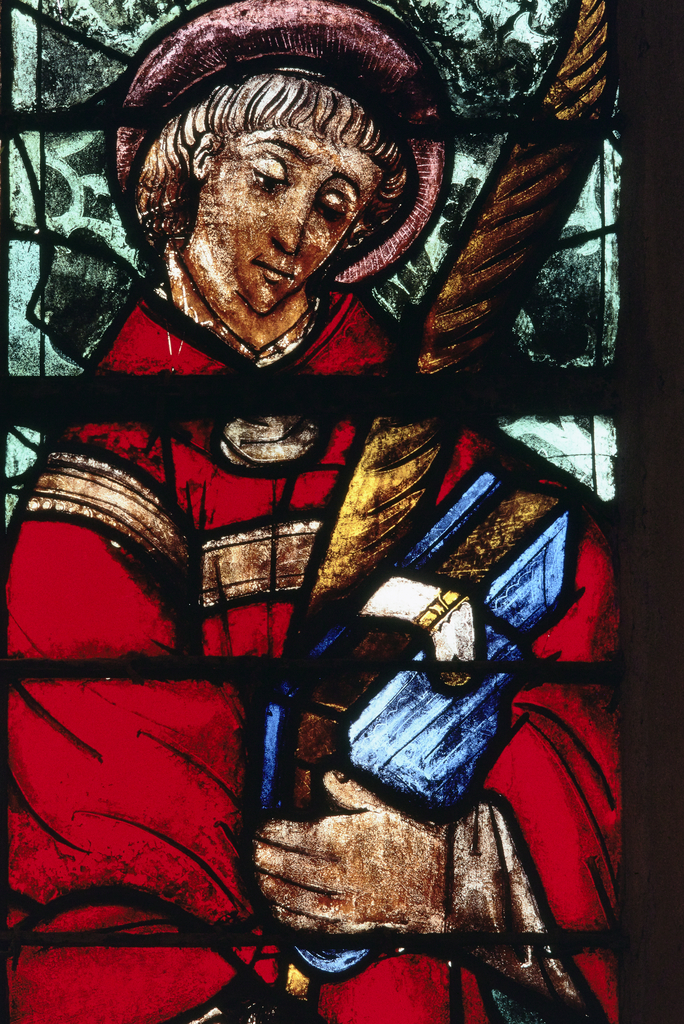 Verrière : calvaire, saint Laurent, saint Antoine, saint Etienne (baie 0), verrière figurée, verrière à personnages