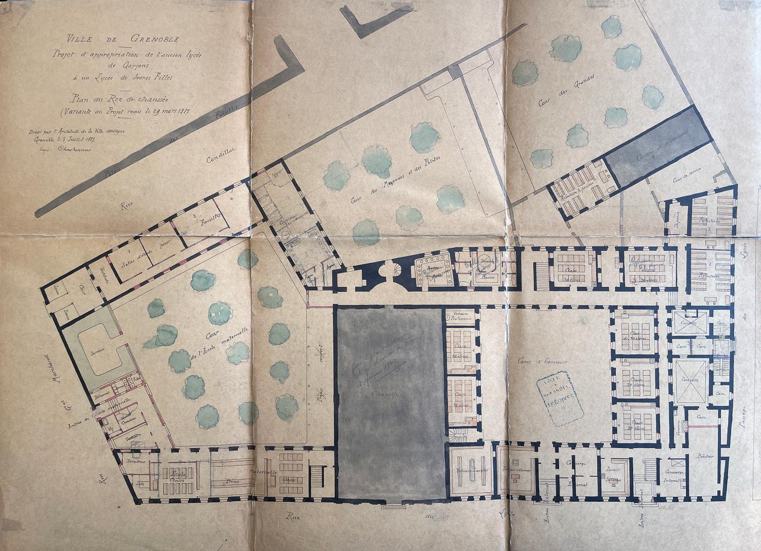 2e projet pour le lycée de jeunes filles, variante : plan du rez-de-chaussée par Charbonnier, juillet 1887 (ACM Grenoble, 4 M 99)