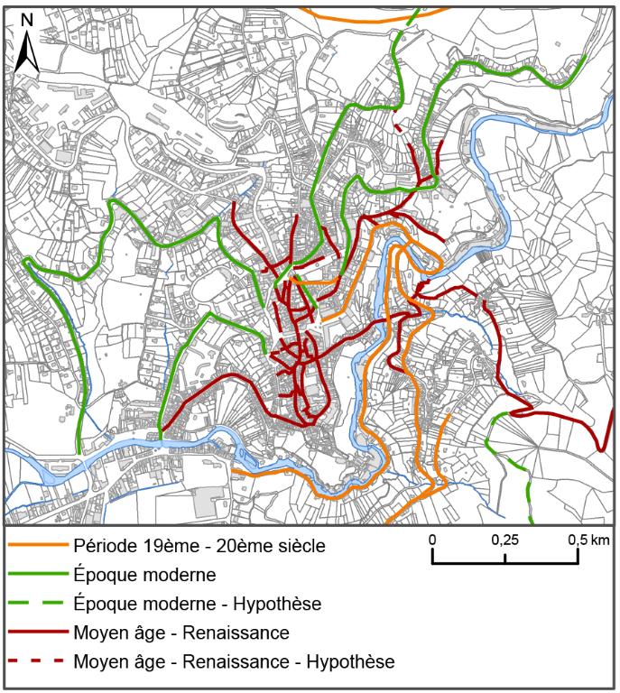 Carte des principales rues de Thiers selon la période de tracé.