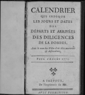 livre : calendrier des départs et arrivées des diligences de la Dombes