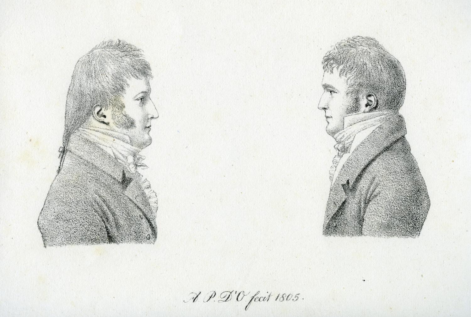 Lithographie d'Antoine d'Orléans - Portraits de profil de Louis-Philippe et d'Antoine d'Orléans