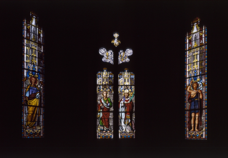 Ensemble de 3 verrières à personnage : saint Joseph, saint Pierre et saint Blaise, saint Jean-Baptiste (baies 0, 1 et 2)