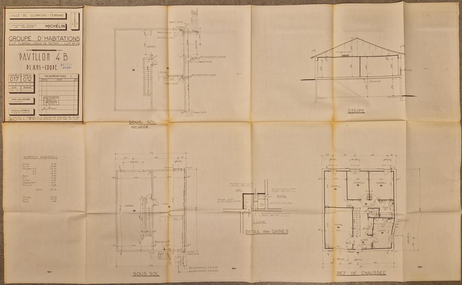 Plans et coupe d'un pavillon de type 4B pour le lotissement des Vignes (cité de Croix-de-Neyrat).