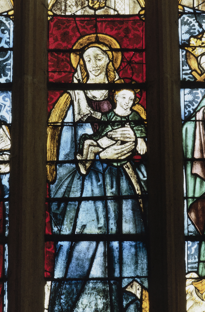 Verrière : saint Apollinaire, saint Nizier, saint Nicolas, sainte Catherine, Vierge à l' Enfant, sainte Marguerite (baie 1), verrière à personnages