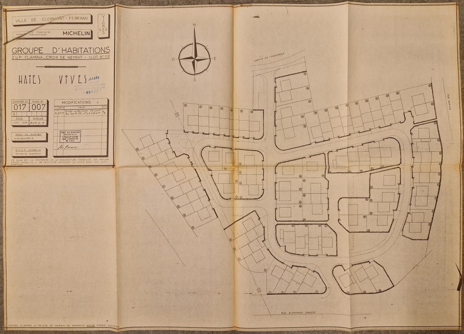 Plan-masse du lotissement des Vignes (cité de Croix-de-Neyrat) avec implantation des haies en bordure de voies