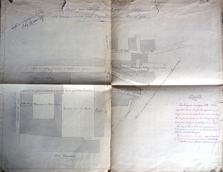 Plan masse avec localisation des parcelles à acquérir et des ouvertures de rue à prévoir, 1877 (AD Puy-de-Dôme, T 3082)
