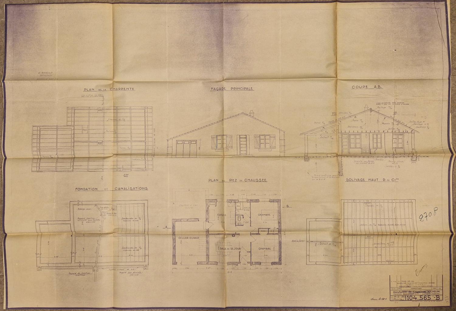 Plans, coupe, élévations d'une maison "Castor" pour la cité ouvrière du Clos-Chanturgue.