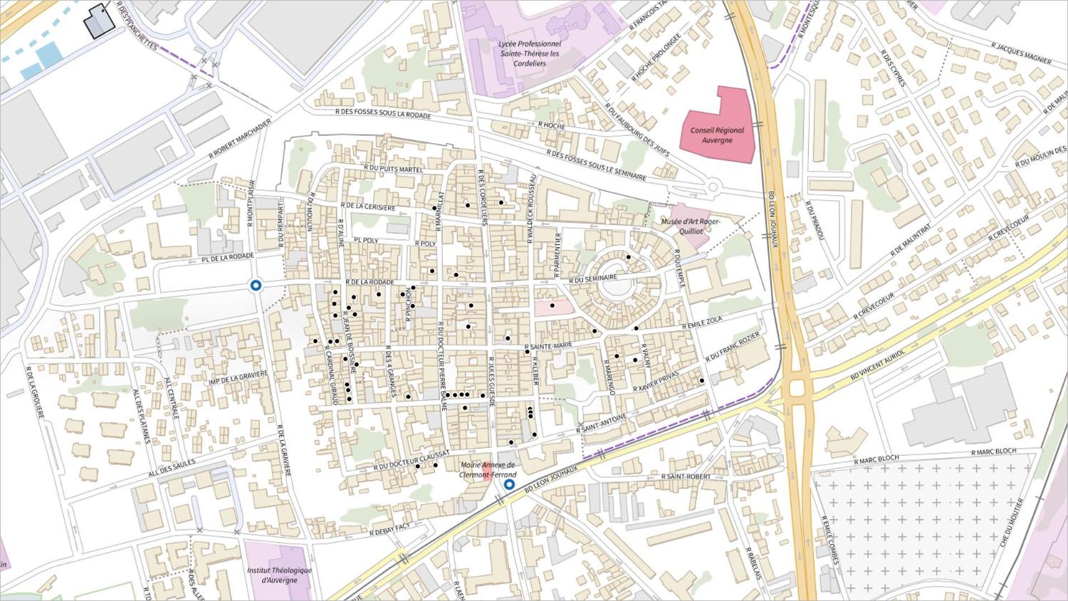 Commune de Clermont-Ferrand (Montferrand) : localisation des maisons vigneronnes (carte IGN)