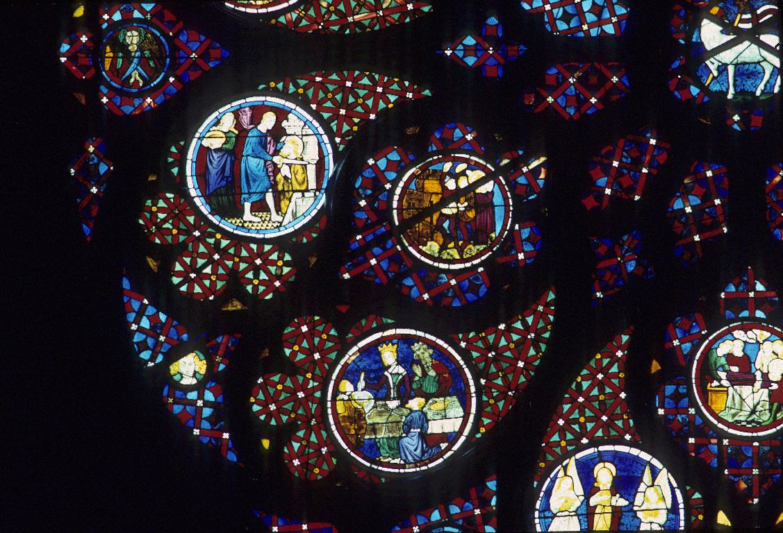 Verrière (baie 133 : rose ouest) : vie de saint Etienne et de saint Jean-Baptiste, verrière figurée