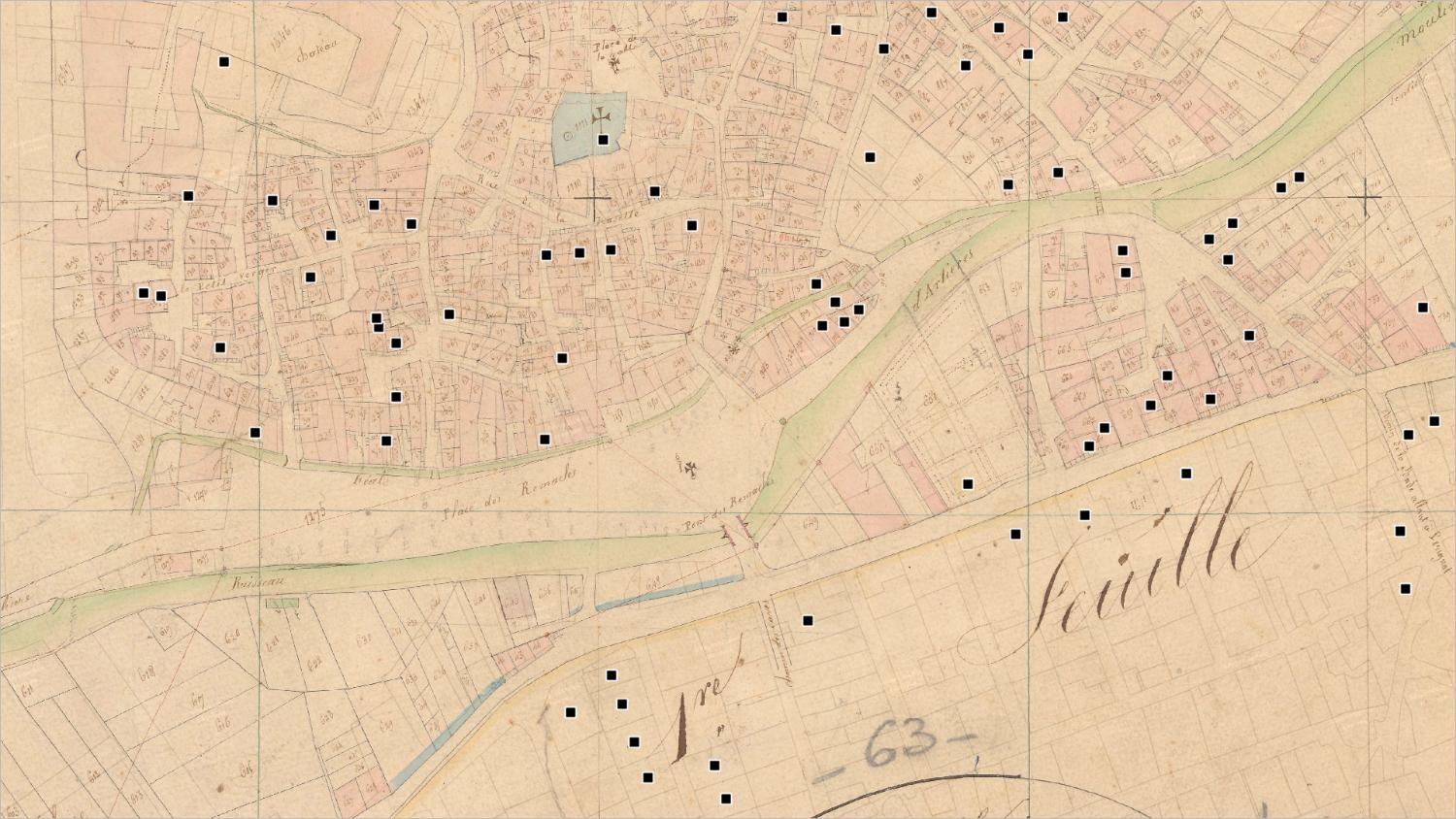 Commune d'Aubière (sud) : localisation des maisons vigneronnes (cadastre dit napoléonien, 1831, AD Puy-de-Dôme, 51 Fi 20)