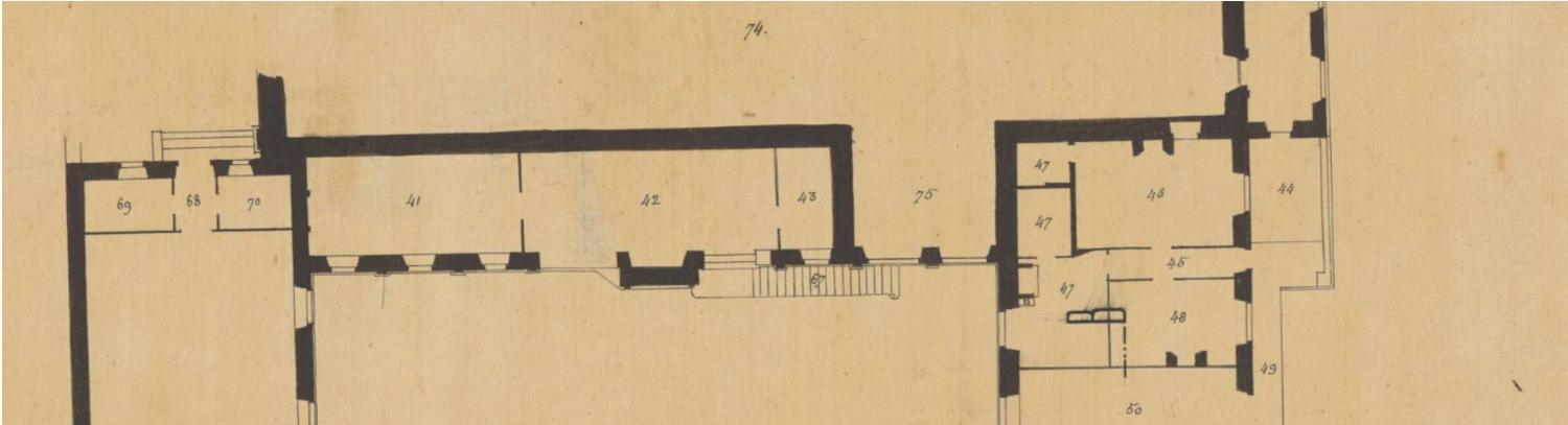 Plan du 1er étage par L.-Ch. Le Maire, 1862 : détail avec l'emplacement de la sacristie concédée à la paroisse en 1823 et reprise en 1834 pour y installer l'appartement du censeur (n°48 et partie de n°47?) (AN, CP/F/17/*/2569).