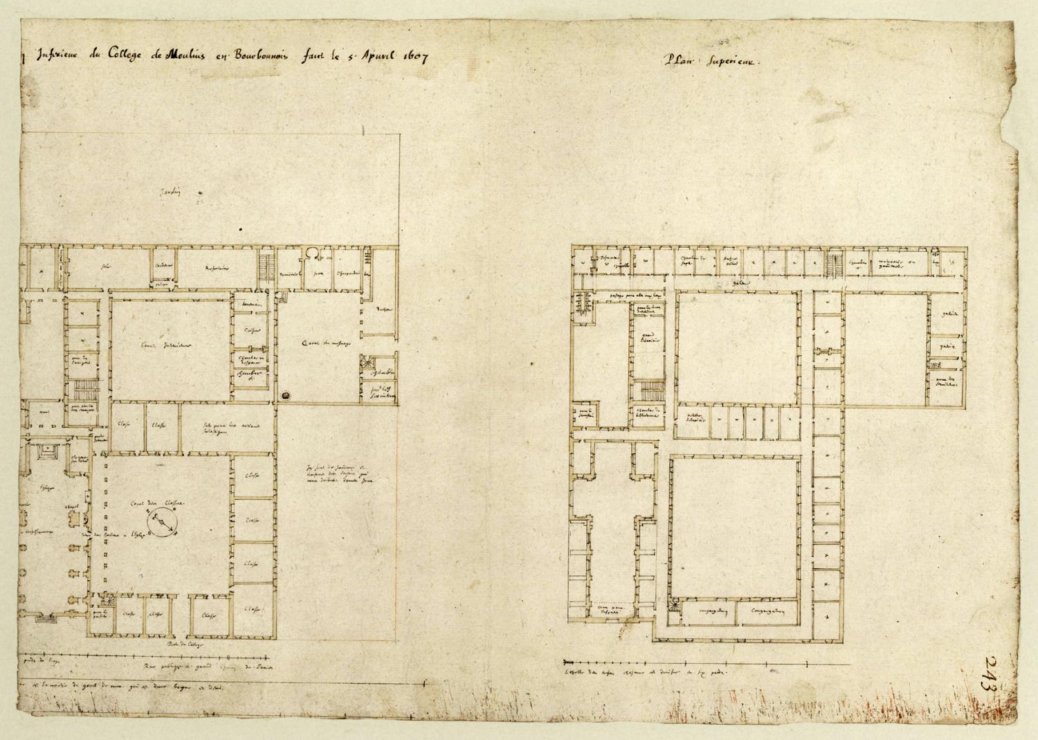 Projet pour le collège de Moulins : plans du rez-de-chaussée et du 1er étage par Etienne Martellange, 5 avril 1607 (Quimper, Médiathèque, Ms 179, fol. 243)