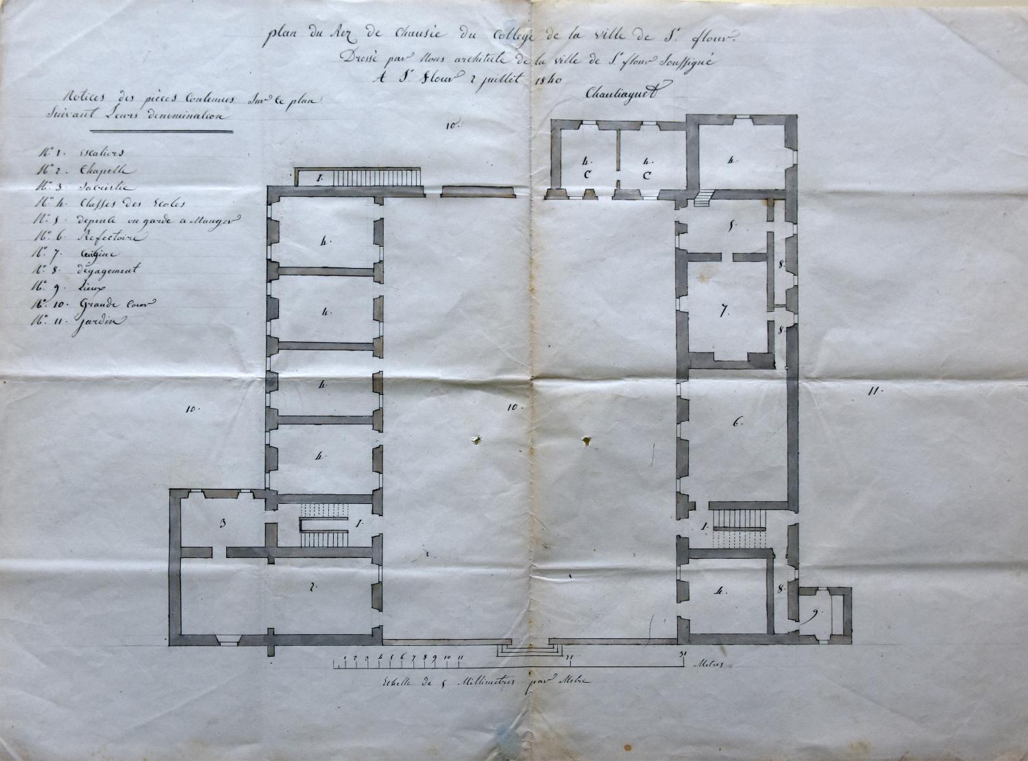 Plan du rez-de-chaussée du collège en 1840 par P. Chauliaguet (AC Saint-Flour, 4 M 6/1)