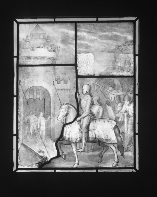 verrières (8) (suite, grisaille figurée, verrière légendaire, verrière héraldique, vitrail archéologique) : légende de l'enlèvement de la fille de Guyonnet de La Bessée (baies 1 à 4)