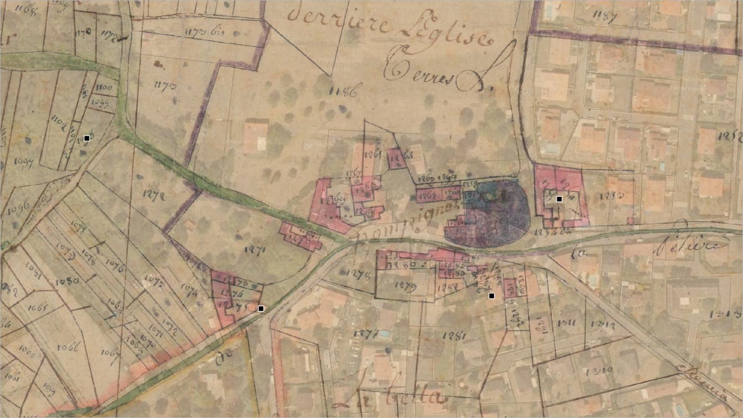 Commune de Châteaugay (Pompignat) : localisation des maisons vigneronnes (cadastre dit napoléonien, 1809, AD Puy-de-Dôme, 51 Fi 267)