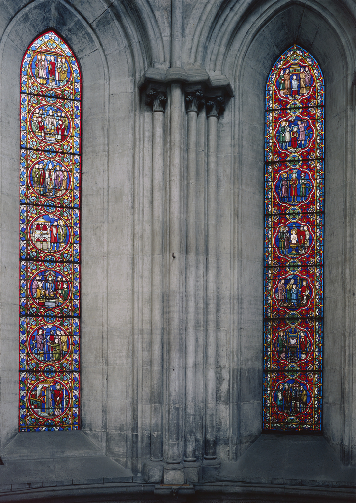 Verrière (vitrail archéologique) : événements de l'histoire religieuse de la région viennoise (baie 1)