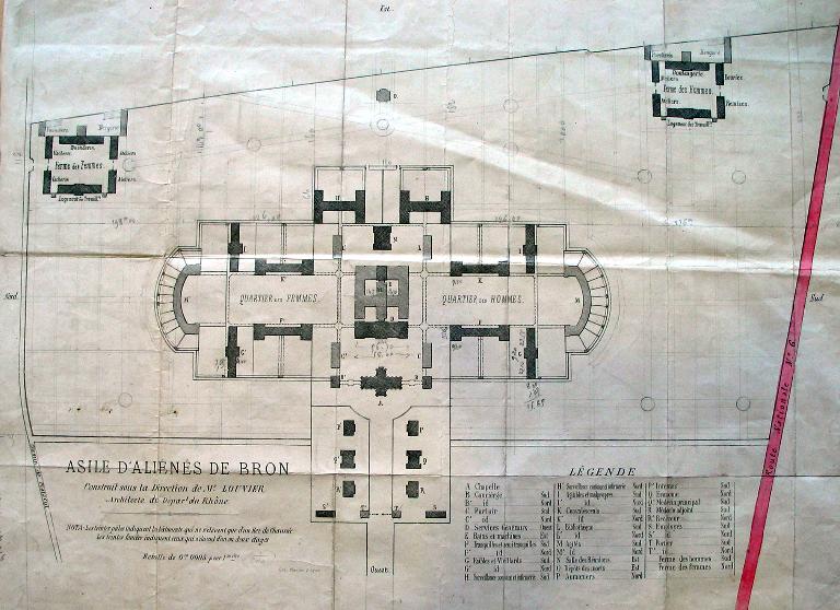 Asile d'aliénés de Bron, puis asile départemental d'aliénés du Rhône, puis asile d'aliénés du Vinatier, actuellement centre hospitalier Le Vinatier