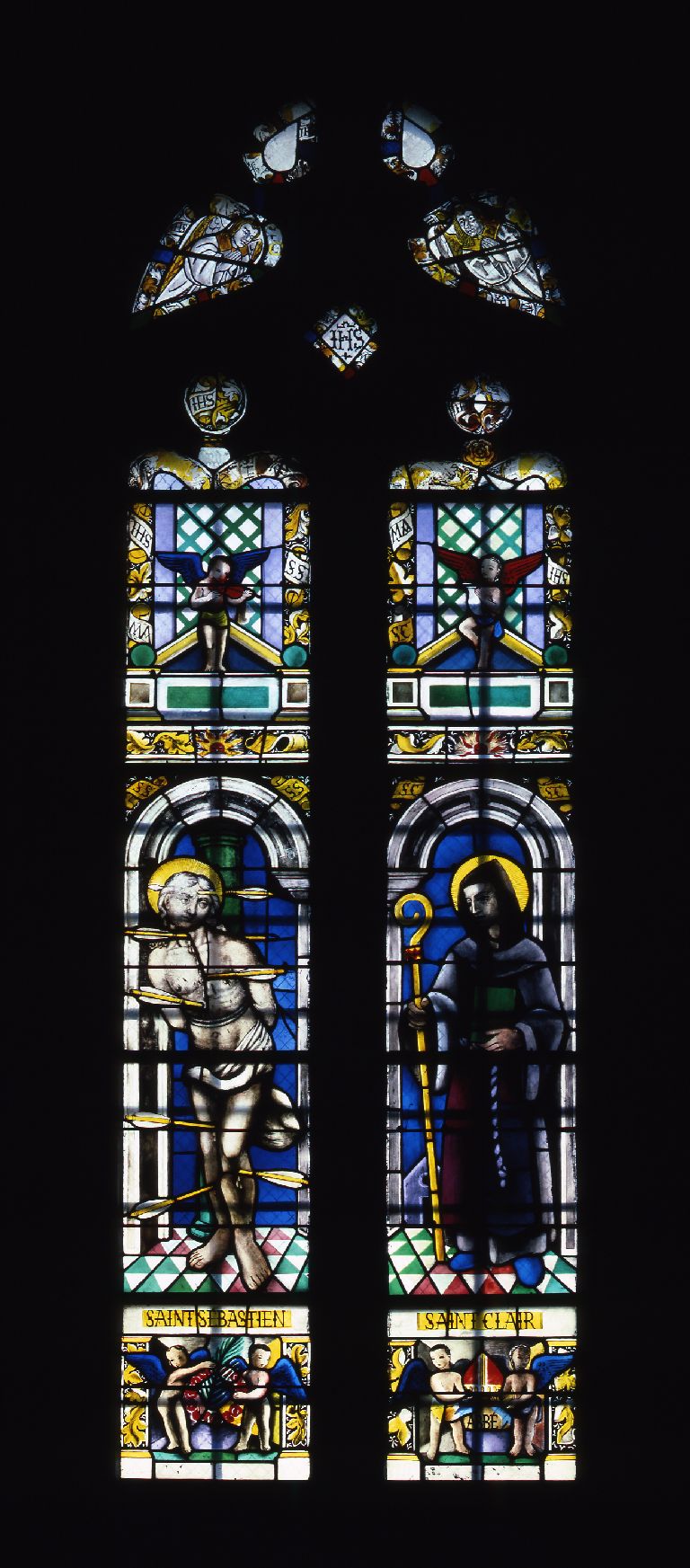 Verrière : saint Sébastien, saint Clair (baie 2), verrière à personnages