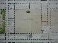 Plan des bâtiments et des cours, 1853 (détail de la cour Saint-Honoré). Plan AC Lyon. Fonds des HCL ; 2NP673