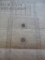 Elévation du clocher, s.d. [2nd quart du Xxe siècle] (détail des oculi et du lanternon). Plan AC Lyon. Fonds des HCL ; 2OP690