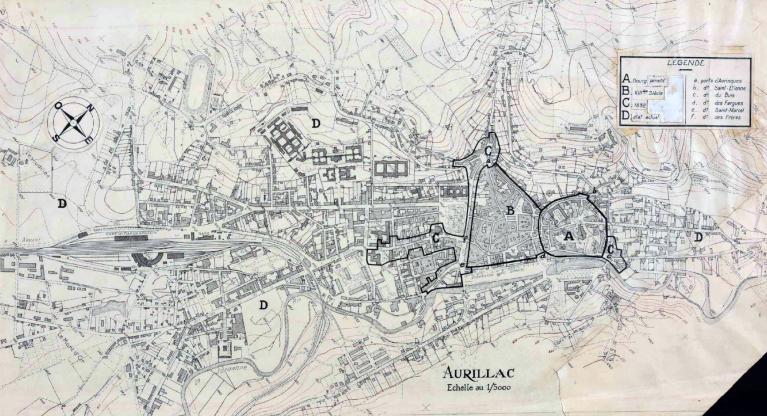 Plan de la ville d'Aurillac et tracé de ses enceintes successives, vers 1900 (AD Cantal, 1 Fi 15)