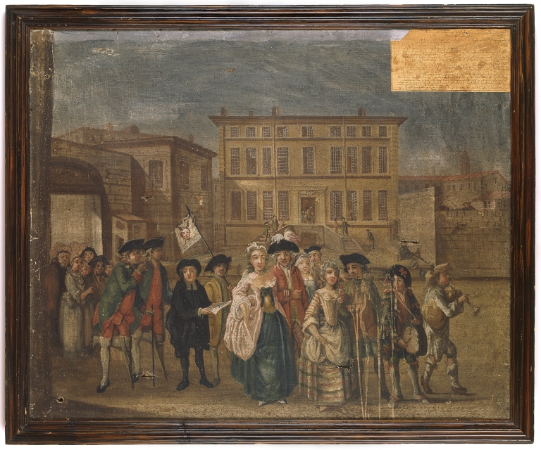 tableaux (2) : la entrée dans la ville de Trévoux de la compagnie des arquebusiers au retour d' une chasse au renard faite le 8 décembre 1784, noce masquée de mademoiselle Denise Chuinague et de Monsieur Longin