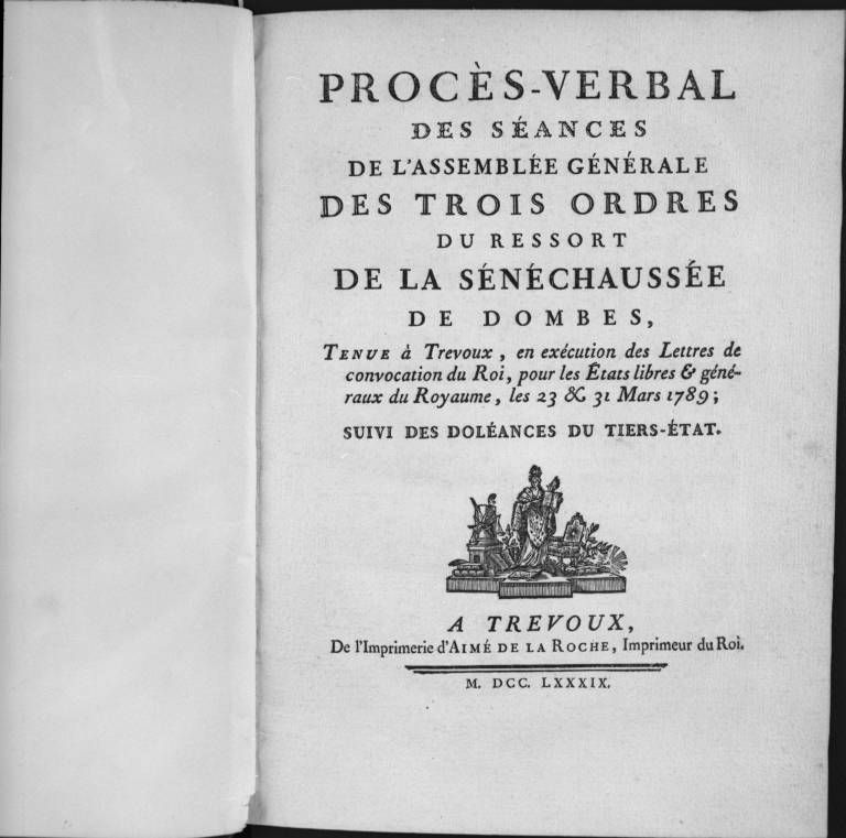 livre : procès verbal des séances de l'assemblée des trois ordres du ressort de la sénéchaussée de Dombes