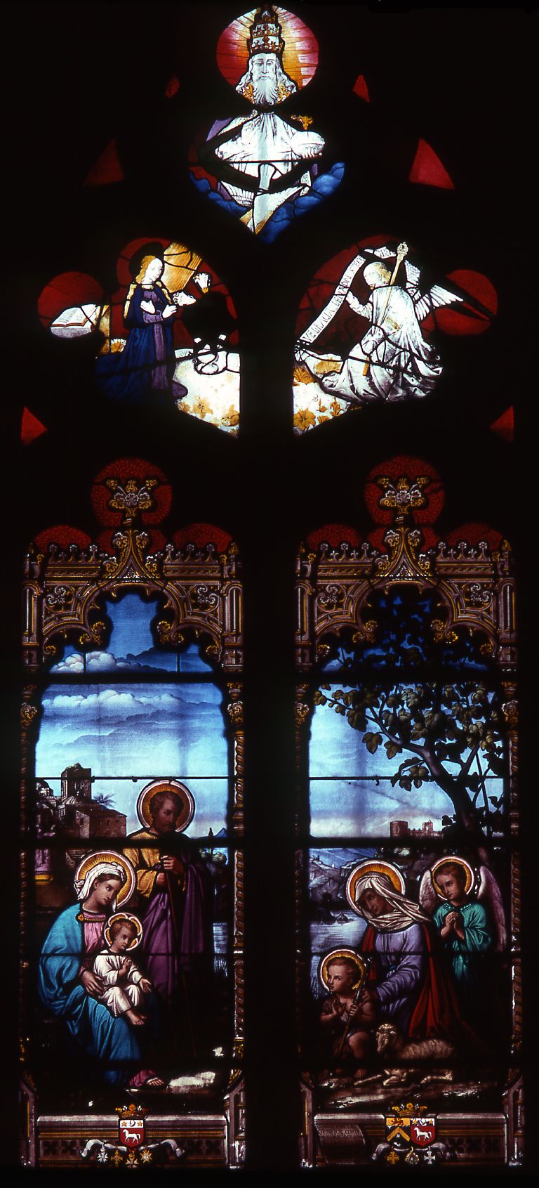 Verrière : Sainte Famille, saint Jean-Baptiste, Annonciation, Dieu le Père (baie 3), verrière figurée