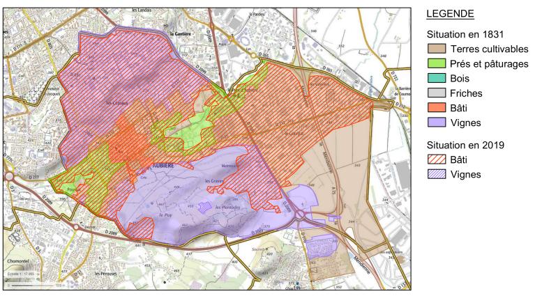 Aubière : Comparaison de l’occupation des sols entre 1831 et 2019, reportée sur un fond de carte IGN actuel