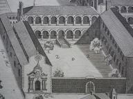 Vue en perspective des bâtiments de la Charité, 1646 (détail de la cour des orphelins). Plan gravé AC Lyon. Fonds des HCL ; B417