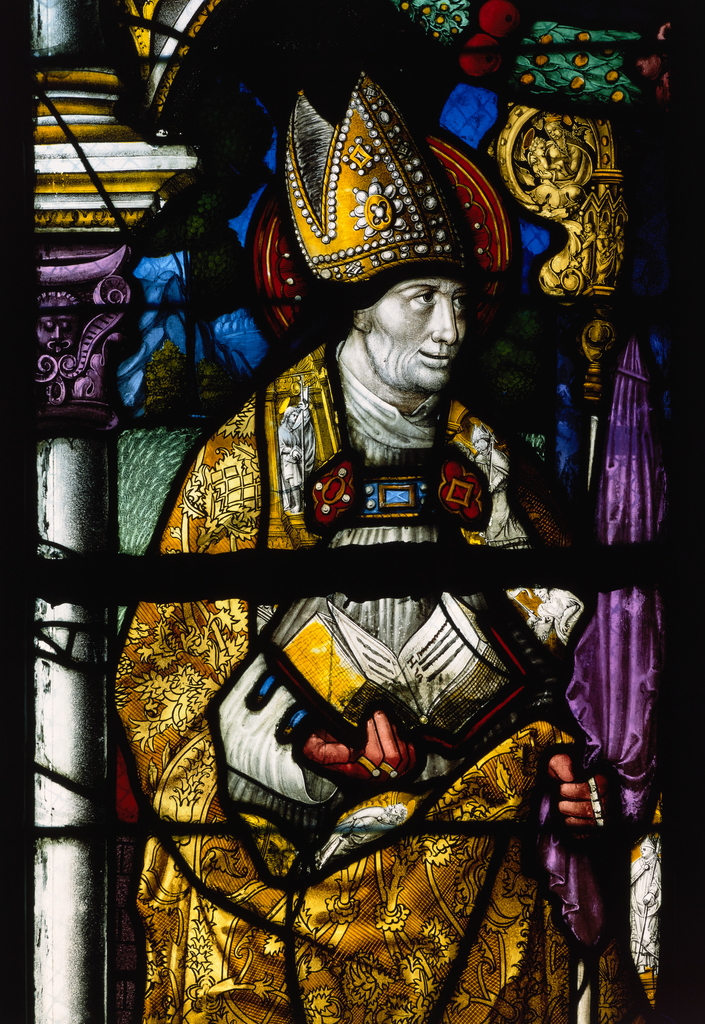 Verrière : saint Philibert présente Philibert le Beau (baie 1), verrière à personnages, verrière héraldique
