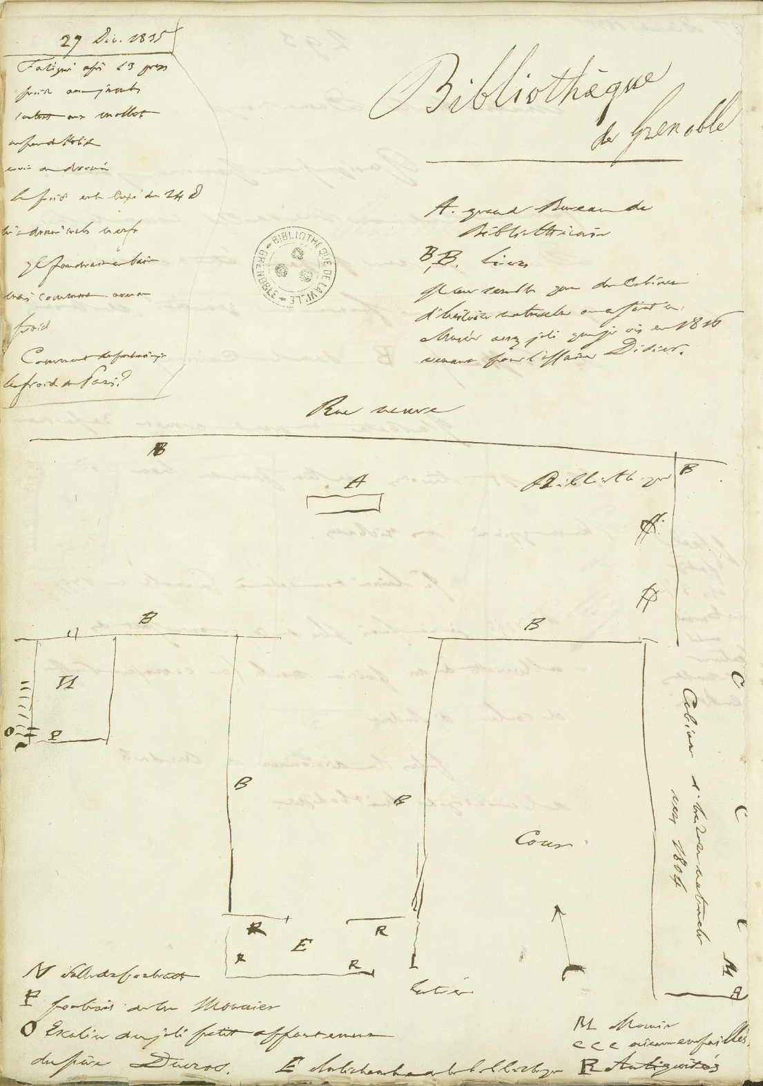 Plan schématique (croquis) de la bibliothèque publique, 1796 (dessin de Stendhal, BM Grenoble, R 299(2) Rés., vol. 2, fol. 87v°)