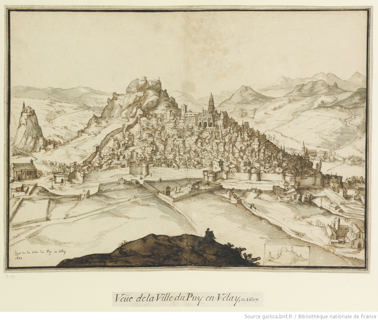 Vue de la ville du Puy en 1607 par E. Martellange (BnF, Est., RESERVE UB-9-BOITE FT 4, f. 135)