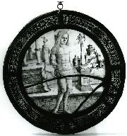 Verrière (rondel) : saint Sébastien, verrière à personnages