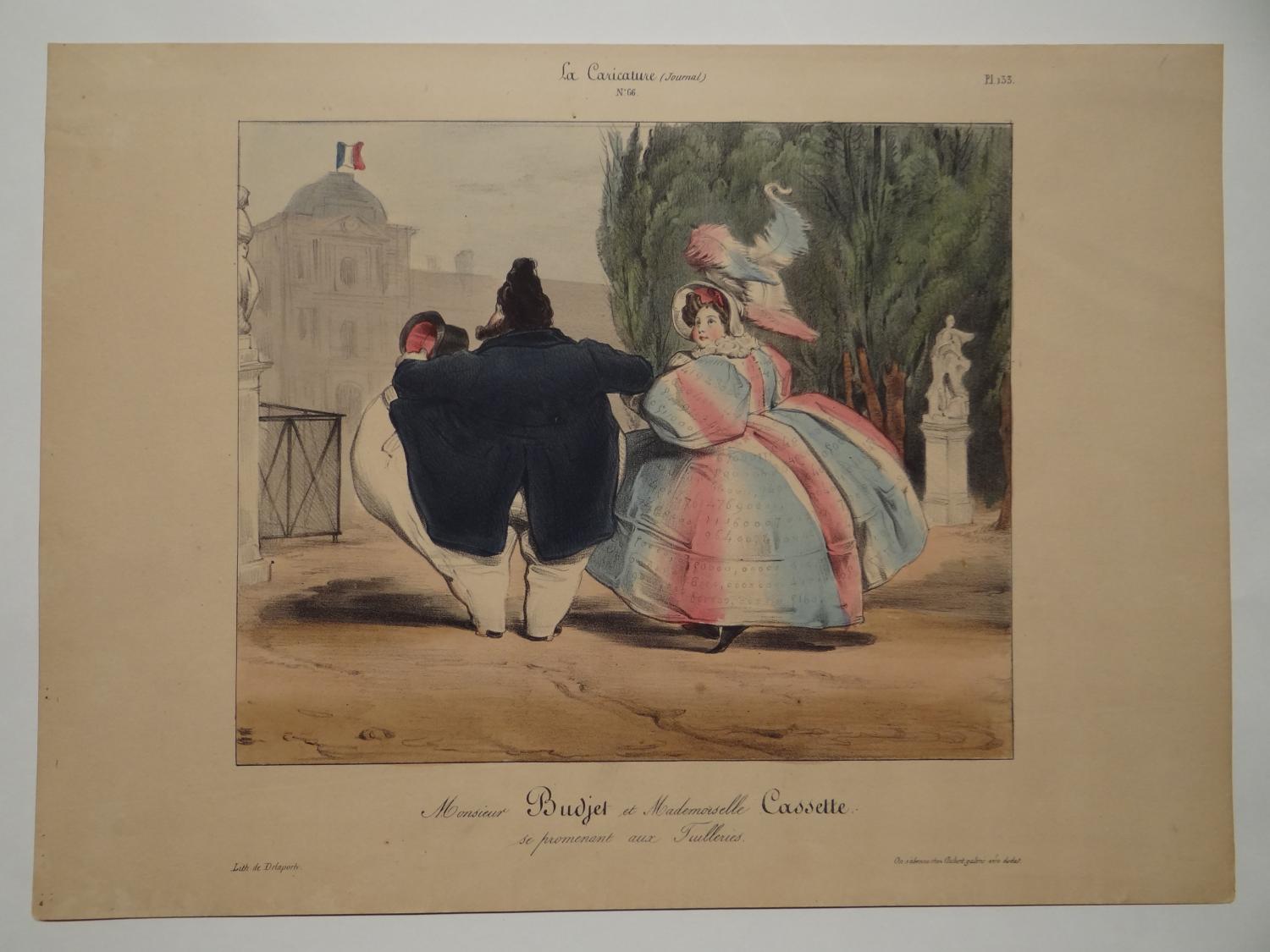 Caricature de Pierre Numa Bassaget (1832) - " Monsieur Budget et Mademoiselle Cassette se promenant aux Tuilleries "