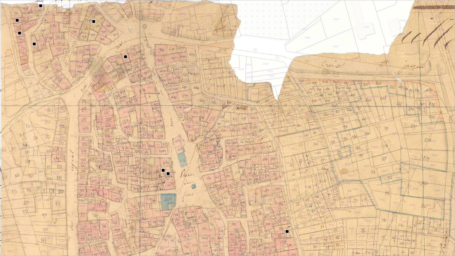 Commune de Ceyrat (nord) : localisation des maisons vigneronnes (cadastre dit napoléonien, 1831, AD Puy-de-Dôme, 51 Fi 279)