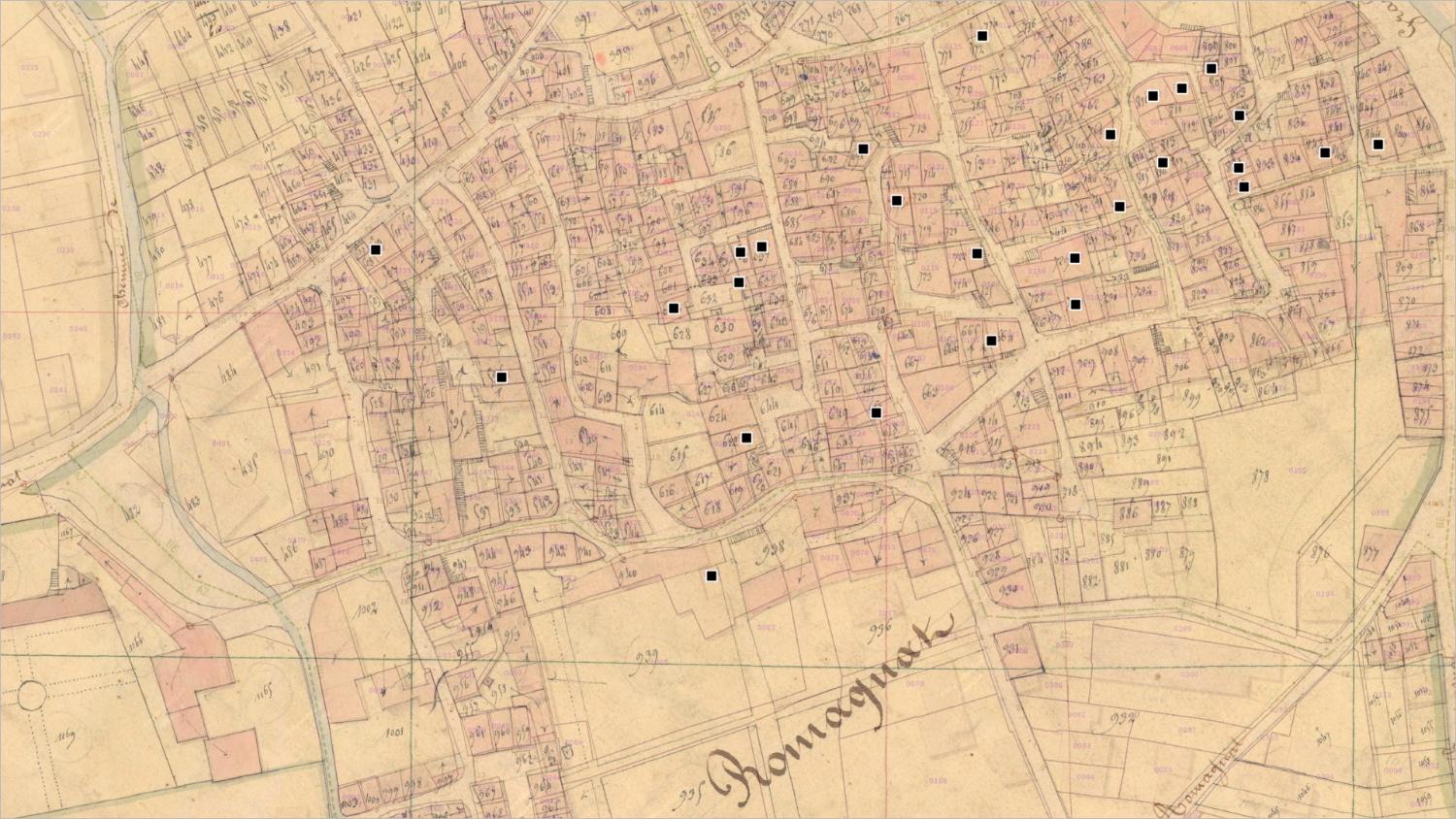 Commune de Romagnat (sud) : localisation des maisons vigneronnes (cadastre dit napoléonien, 1831, AD Puy-de-Dôme, 51 Fi 1056)