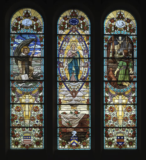 Ensemble de 6 verrières figurées : saint Benoît ; Assomption ; conversion de saint Hubert ; saint Vincent de Paul ; hommage aux morts de la guerre de 1914-1918 ; jugement de saint Louis