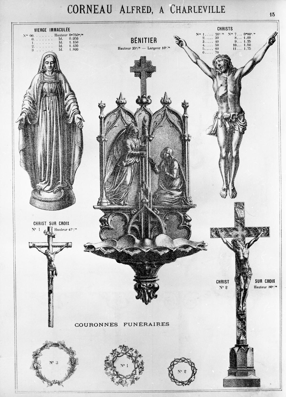 Dessins de mobilier religieux : extrait du catalogue commercial des Fonderies Corneau Alfred à Charleville