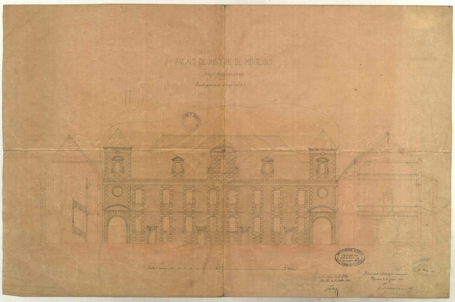 Elévation et coupes par L.-G. Esmonnot, 10 janvier 1863 (AD Allier 4 N 34/1 pièce 6) 