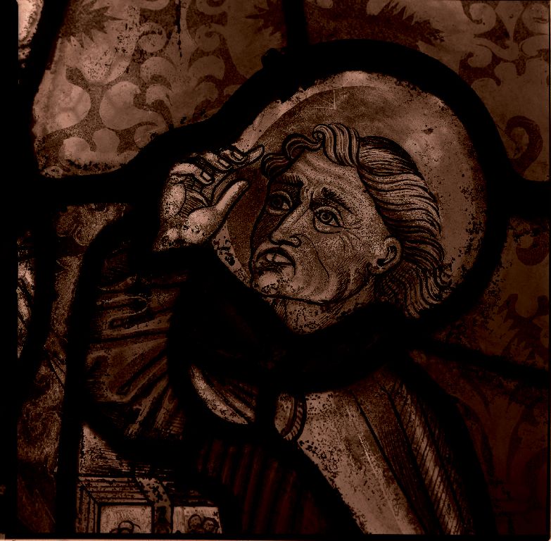 Verrière : calvaire, saint Pierre, saint Paul, armoiries (baie 5), verrière figurée