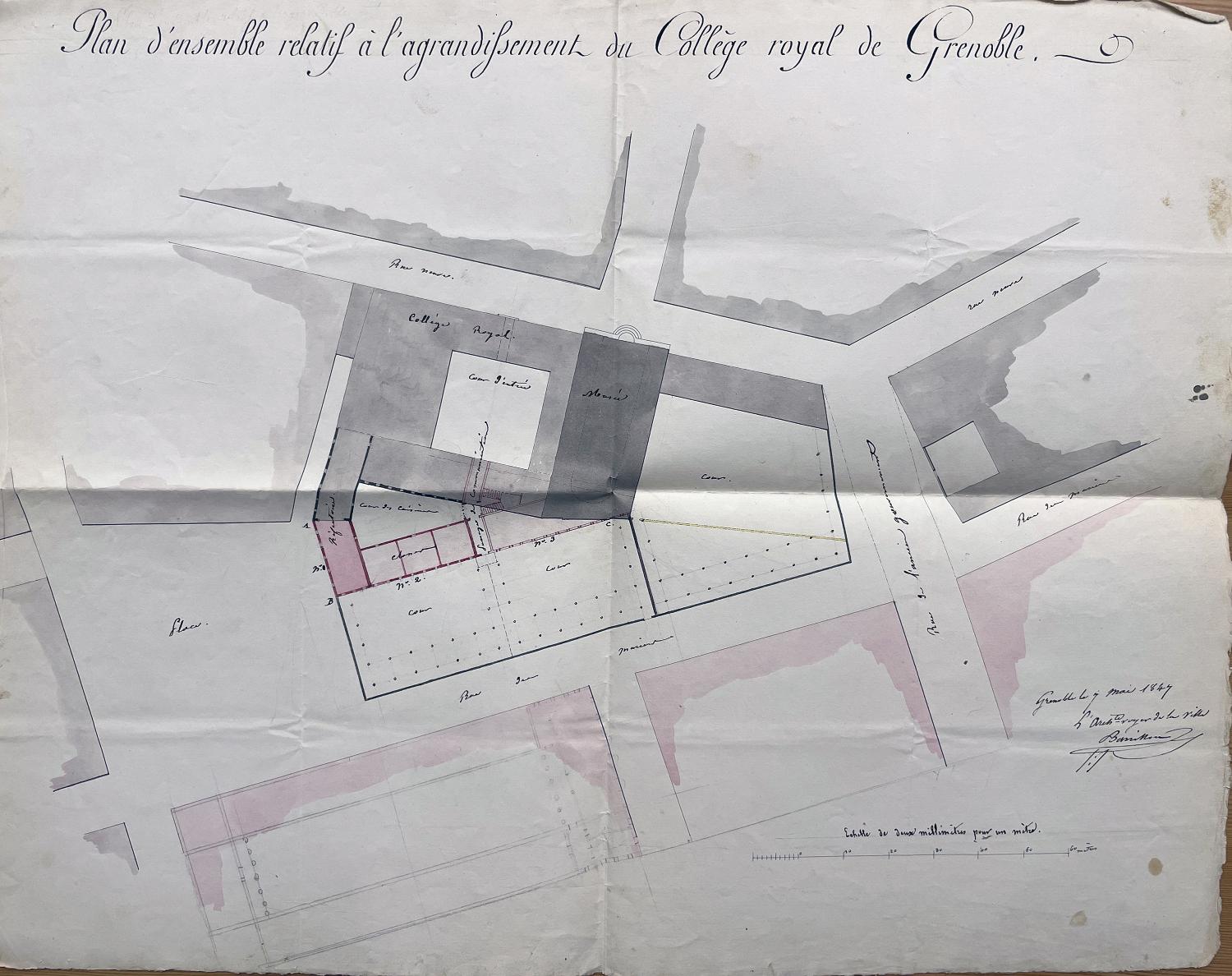Projet d'agrandissement du collège : plan masse par P.-B. Barrillon, mai 1847 (AD Isère, 19 T 577)