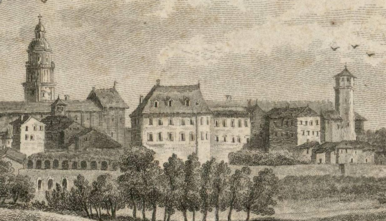 Vue de Bourg-en-Bresse v. 1773 : détail avec le bâtiment principal du collège, au premier plan au-dessus d'un bouquet d'arbres ; à l'arrière plan, l'ancien couvent des dominicains (démoli) (Médiathèque Vailland, Bourg-en-Bresse, Ill A075E)