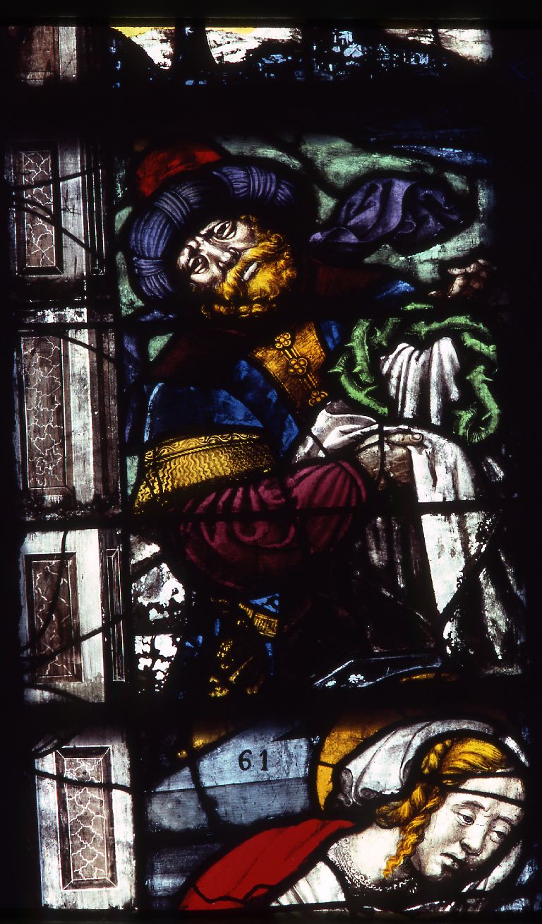 Verrière : calvaire, ensevelissement du Christ, les saintes femmes au tombeau, armoiries (baie 0), verrière figurée
