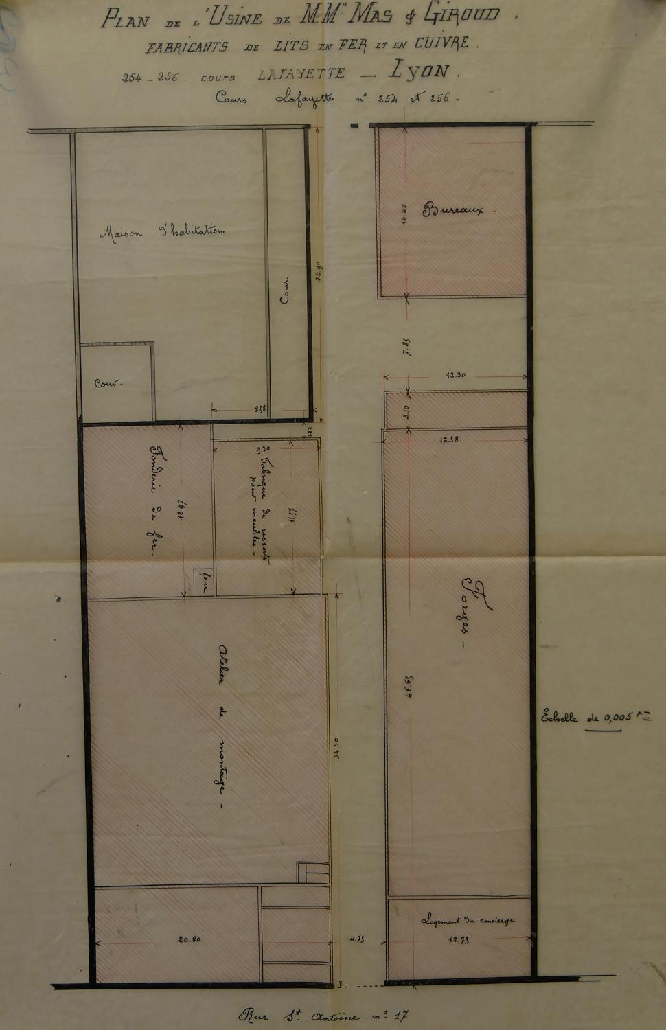Plan masse de l'usine Mas & Giroud, lits en fer 1904 (AD Rhône : 1904 5Metcl 153)