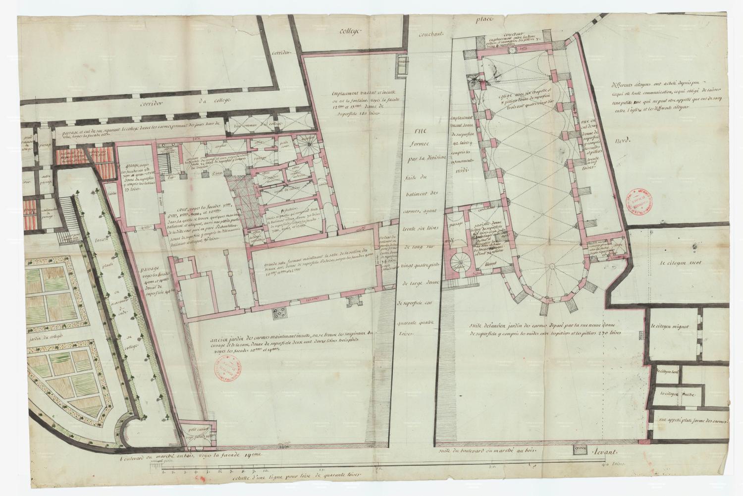 Plan général du couvent des carmes, an III : une partie du collège est visible sur la partie gauche de la feuille (AD Puy-de-Dôme, 35 Fi 60)
