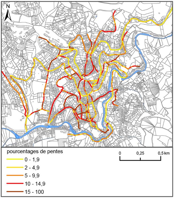 Carte des principales rues de Thiers selon le pourcentage de pente.